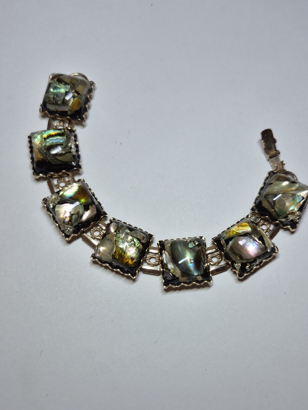 Vintage Abalone Shell Looking Link Bracelet - Iridescent Green